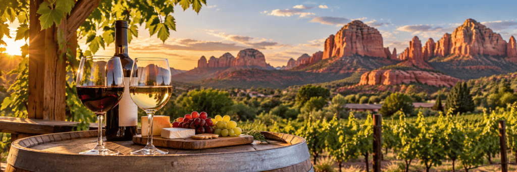 Wine tasting overlooking vineyards and red rock scenery in Arizona