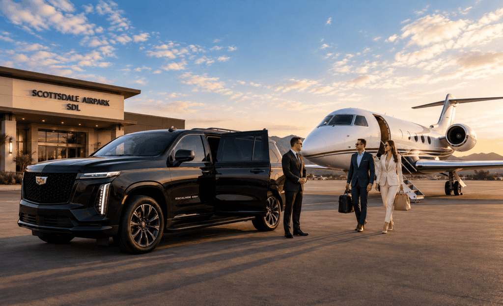 Scottsdale Airport FBO transportation with black Cadillac Escalade, professional chauffeur and private jet passengers