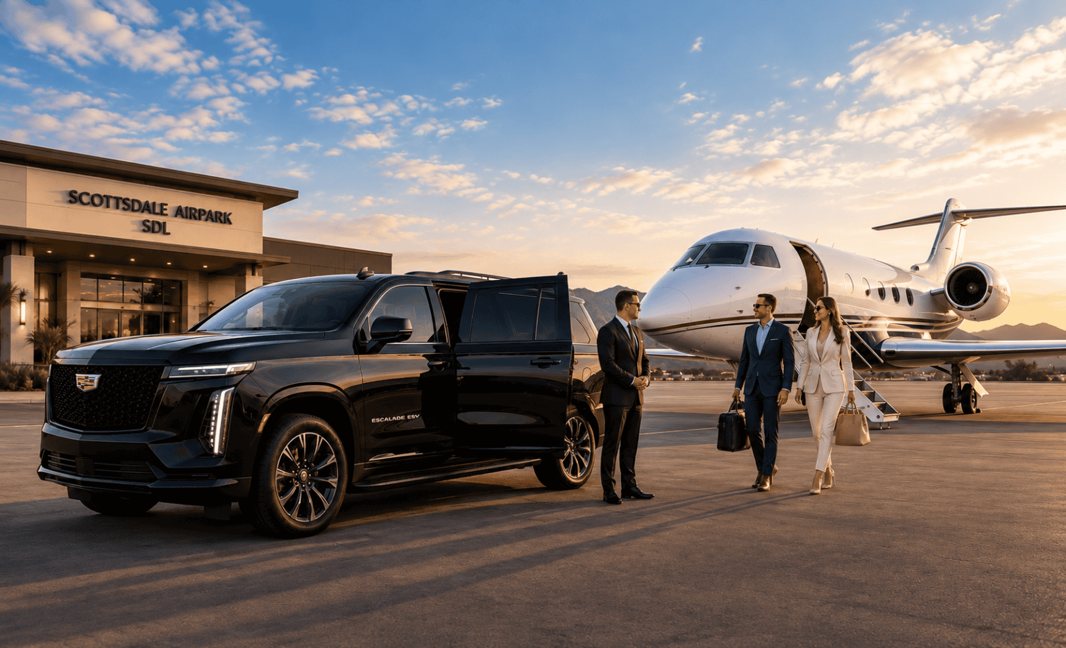 Scottsdale Airport FBO transportation with black Cadillac Escalade, professional chauffeur and private jet passengers